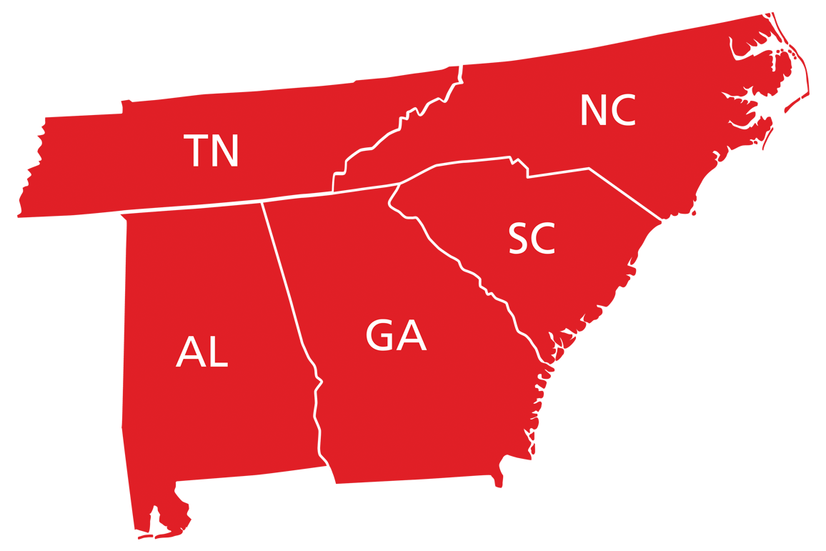 Map view of Tennessee, North Carolina, South Carolina, Georgia and Alabama, indicating Red Door Contracting's customer base.