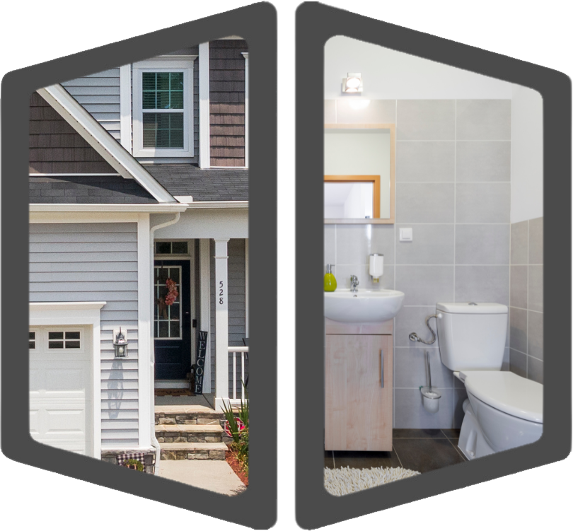 Two Photos: on the left is a close up of the front of a house; on the right, an updated bathroom.