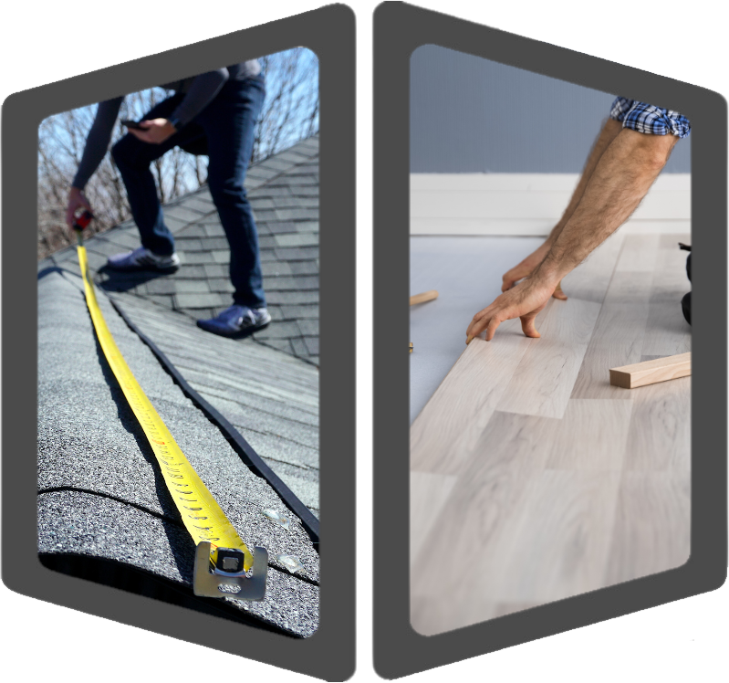 Two photos of a man on a roof measuring the roof line and another man laying flooring.